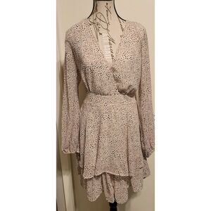 Jopna Cream Tan Black Spotted Tiered Ruffle Mini Dress Long Sleeve Size L